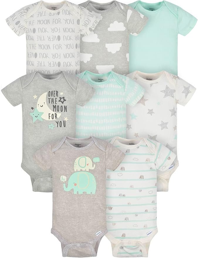 Gerber Baby 8-pack short sleeve bodysuits with assorted neutral prints – breathable cotton onesies for infants and newborns