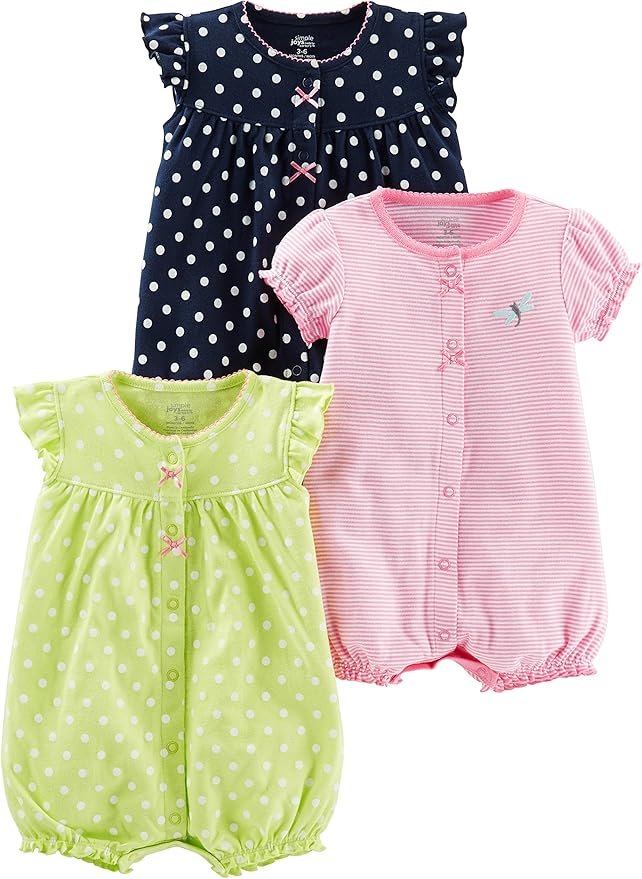 Simple Joys by Carter’s 3-pack baby girl snap-up rompers with ruffles and polka dot prints – cotton summer wear for infants