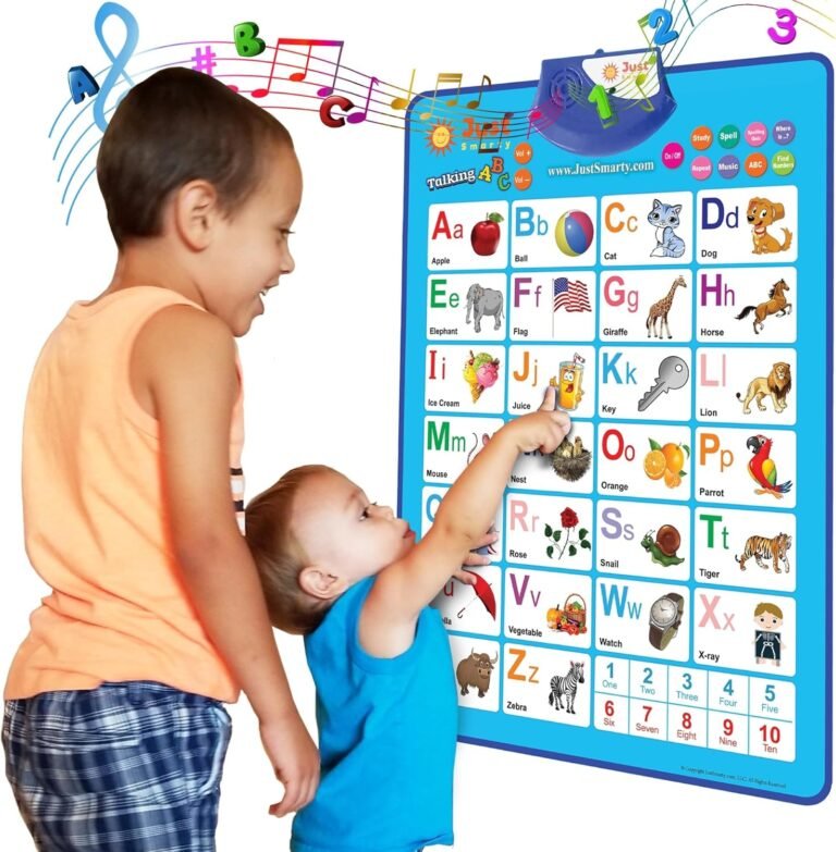 Toddler using talking alphabet wall chart for early learning